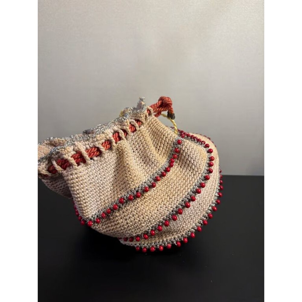 Crocheted Beaded Drawstring Purse Red Lining Handmade Corde Style Handbag